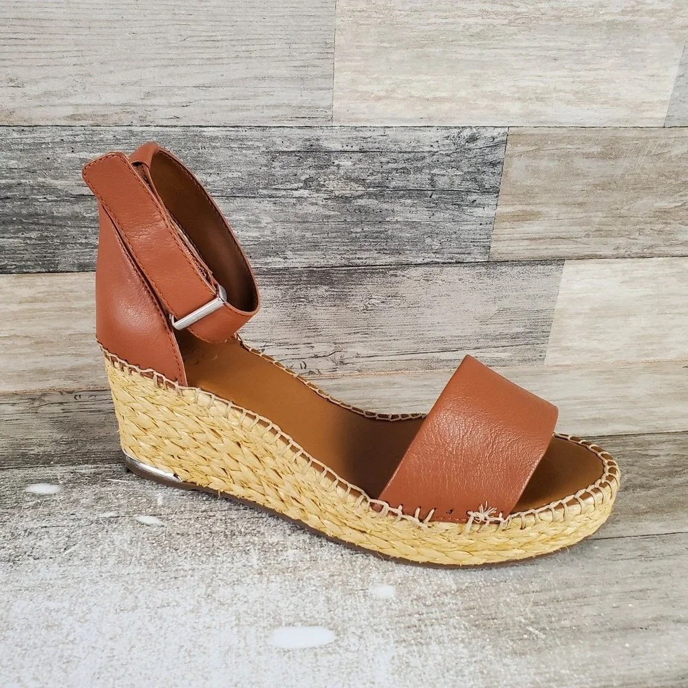 Franco Sarto Clemens Raffia Espadrille Women Wedge Sandal Sz 11 M Cognac Leather